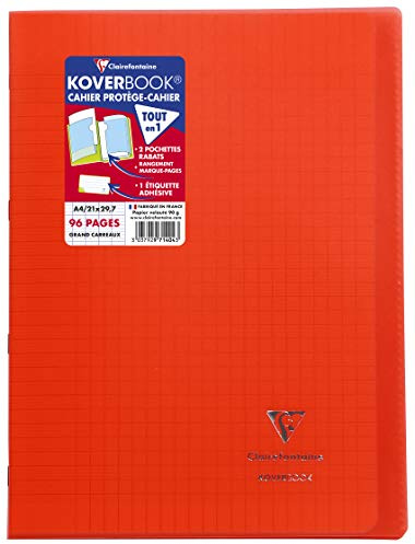 Clairefontaine 971404C – skolhäftapparat/anteckningsbok DIN A4 21 x 29,7 cm, 48 ark 90 g, fransk linjering, omslag av transparent PP, 2 genomskinliga fodral + 1 etikett, häftad, röd, 1 styck