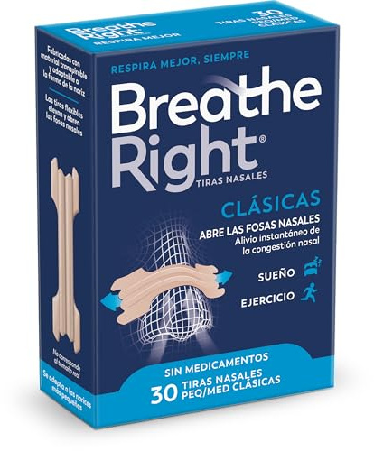 Breathe Right Clásicas - 30 Tiras Nasales/Alivio de la congestión nasal/Ayuda a reducir los ronquidos/Tiras nasales para respirar mejor/Sin Medicamentos (Pequeño/Mediano)