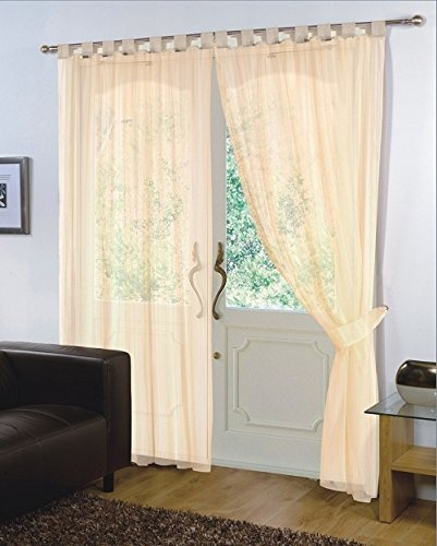 viceroy bedding Pair of Plain Voile TAB TOP Curtain Panels + Free Tiebacks Included (59 x 72, Cream)