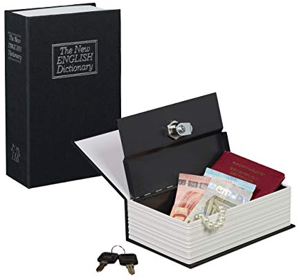 Relaxdays Buchtresor mit Schlüssel, klein, in Taschenbuchgröße, Stahlfach, HBT: 18 x 11,5 x 5,5 cm, Buchsafe, schwarz