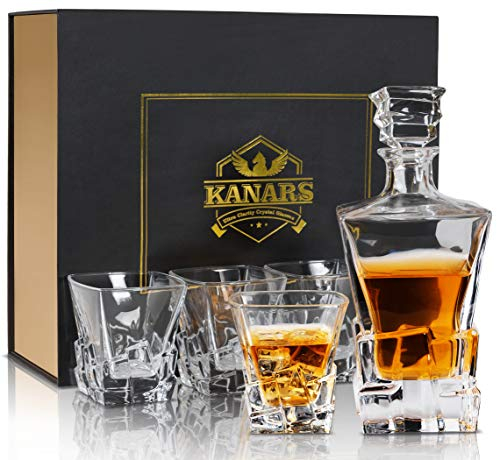 KANARS Bicchieri e caraffa per Whisky, Decanter Cristal, 800 ml Bottiglia con 4 x 300 ml Bicchiere da Whiskey, regalo per nonno papà amico marito, bella scatola regalo, confezione da 5 pezzi