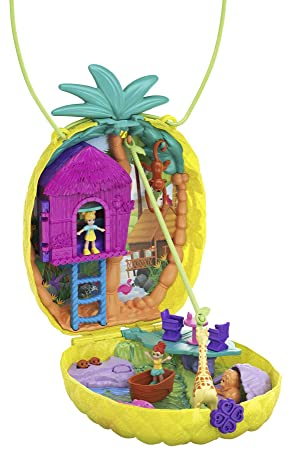 Polly Pocket GKJ64 - Ananas-Taschen-Schatulle, tragbar, mit 8 lustigen Funktionen, den kleinen Puppen Polly und Lila, 2 Zubehörteilen und Stickerbogen; Spielzeug für Kinder ab 4 Jahren