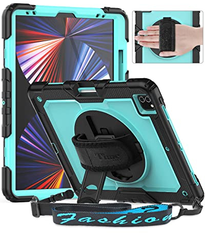 Timecity Hülle für iPad Pro 6./5./4./3. Generation 12,9 Zoll 2022/2021/2020/2018 Stoßfeste Schutzhülle mit Displayschutz Handschlaufe Schultergurt 360°-Drehbarer-Ständer Stifthalter- Hellblau