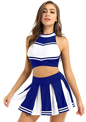 iiniim Damen Cheer Leader Cheerleading Kostüm Crop Tops mit Faltenrock Tanzkleid Cheer Outfits Halloween Fasching Karneval Verkleidung Blau M