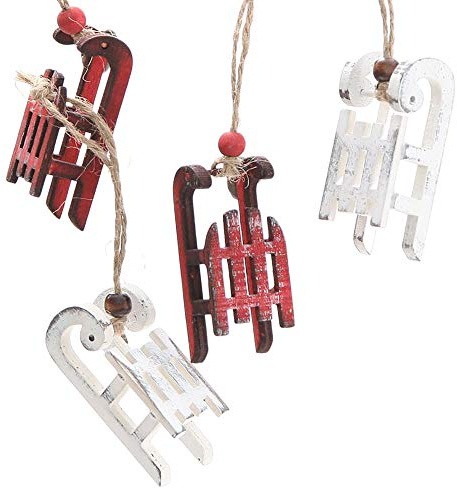 6 x Baumschmuck Dekoschlitten aus Holz im urbanen Vintage Look L 6 cm - Zwei Farben - Baumhänger Deko-Holzschlitten