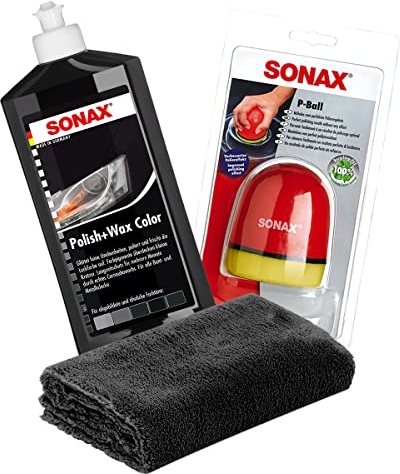 detailmate - SONAX Politur Set schwarz 500ml + SONAX Hand Polierschwamm ergonomischer Handpolierschwamm 40x40cm Seamless Mikrofaser Poliertuch 550GSM