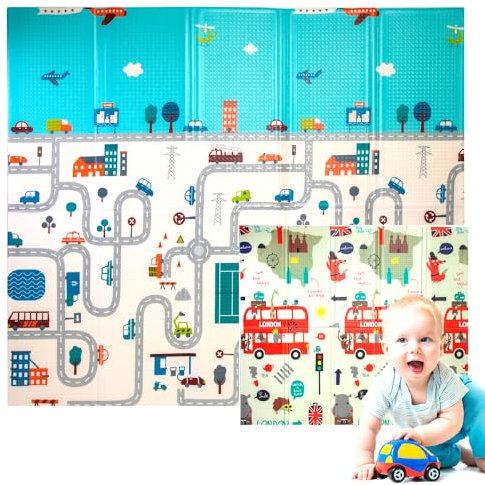 Edibaby, Alfombra Bebe, 200 x 180 cm, 1 ó 1.5 cm Grosor, Diseño Infantil, Acolchada de XPE, Reversible y Plegable, Tapete Actividades, Colchoneta para Niños (London Edition, Grosor - 1.5 cm)