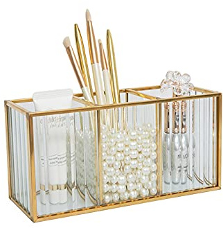 HARLIANGXY Soporte para pinceles de maquillaje, organizador de cosméticos, caja de almacenamiento, caja de almacenamiento de cosméticos, dorado, cristal vertical, 18 x 7 x 9 cm