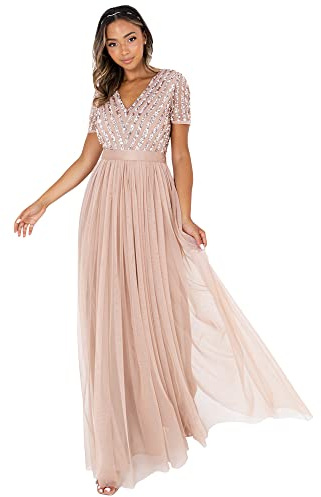 Maya Deluxe Women's Damen Maxi Ladies Vneck Plus Size Ball Gown Short Sleeves Long Elegant Empire Waist Bridesmaid Dress, Taupe Blush, 40