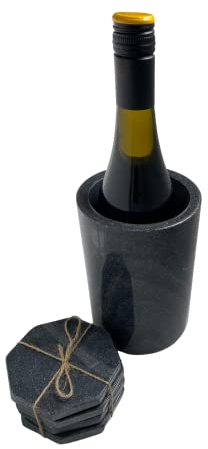 Enfriador de vino grande de mármol negro enfriador de hielo, ideal para fiestas y ocasiones. Este juego incluye cuatro posavasos de mármol. Este soporte se puede utilizar para utensilios y cubo de