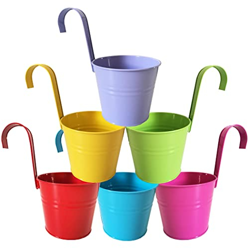 Blumentöpfe zum Aufhängen, Metall, Eisen, Pflanzgefäß für Geländer, Zaun, Balkon, Garten, Deck, Heimdekoration, Blumenhalter mit abnehmbarem Haken, mehrfarbig, 15,2 cm, 6 Stück