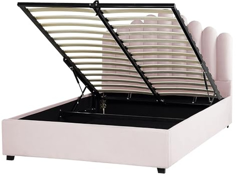 Beliani Cama con almacenaje de Terciopelo Rosa Negro 140 x 200 cm somier Listones Vincennes