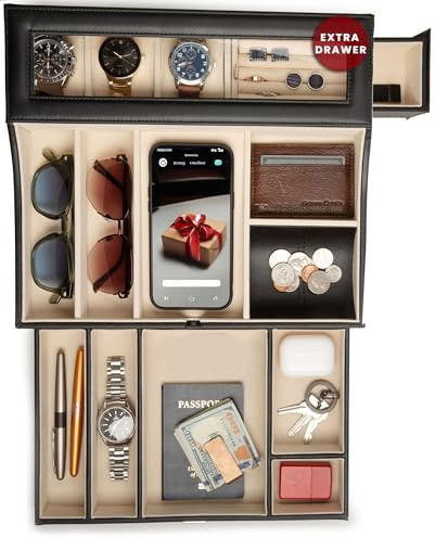 Mens Valet Box Organizer, Large Leather Valet Tray for Men, Mens Valet Tray Organizer with Charging Station, Mens Jewelry Box Organizer for EDC Valet Mens Accessories, Nightstand Bedside Dresser Top