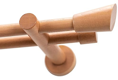 Garesa Gardinenstange Molis Ø 20mm, 2-läufig, Rotbuche I Stabile Vorhangstange ohne Ringe I Mit Endknopf Keil I Auch für mittelschwere Vorhänge I 180cm