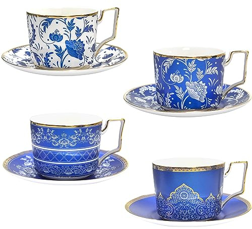 ACMLIFE Tea Coffee Cups and Saucers Set of 4, Bone China Tea Cup and Saucer Set, 6.8 oz, Elegant Floral with Gold Trim and Gift Box, BLue and White