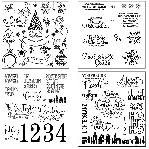 Hsupez 4 Blätter Clear Stamp Weihnachten, Silikonstempel Weihnachten Deutsch, Frohe Stempel, Winter Stempel Set für DIY Bullet Journal Scrapbooking Fotoalbum Stempelset