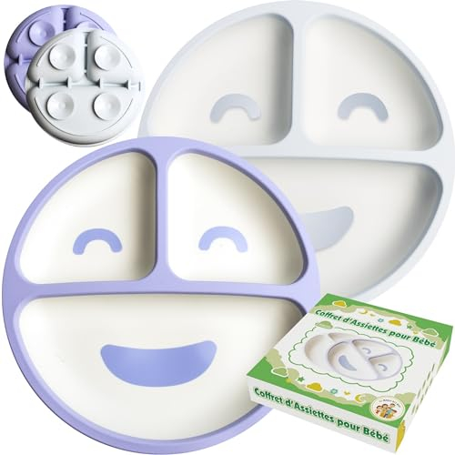 La magie des kids Babyteller aus Silikon mit Saugnäpfen (4 Saugnäpfe) | 2 Stück, 3 Fächer – mikrowellengeeignet, Backofen 220 °C, Gefrierschrank -40 °C (hellblau und dunkelblau)