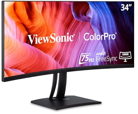 ViewSonic VP3456A 34 Inch UltraWide QHD 1440p Curved Monitor with ColorPro 100% sRGB Rec 709, 14-Bit 3D LUT, 100W USB C, HDMI, DisplayPort and USB Hub for Professional Home and Office