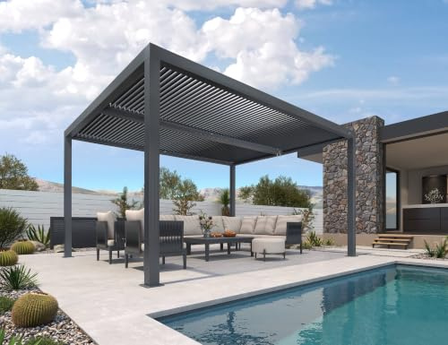 PURPLE LEAF Pergola Bioclimatique Aluminium 4,24 x 3,3 m, Carport, Gris | Pergola jardin extérieur, Sans entretien, Lames orientables, Protection solaire, Résiste à la neige, 14 m², Très apprécié