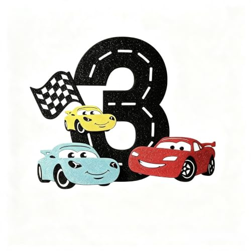 Race Car 3rd Birthday Cake Topper Three Fast Cake Decoration for Racing Car Checkered Flag Themed Kids Boy Girl 3s Years Old Happy 3 Bday Party Decor Supplies Double Sided