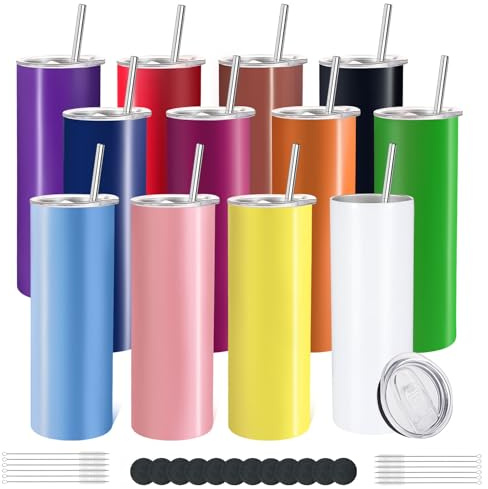 YOUKE OLA 12 Pack Stainless Steel Skinny Tumblers 20oz - Bulk Straight Double Wall Vacuum Insulated Tumbler with Lid and Straw & Silicone Base for Travel, DIY, 12 Colors