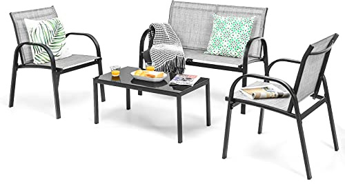 KOMFOTTEU Juego de Muebles de Jardín de 4 Piezas, Conjunto de Bistró con 2 Sillas, 1 Sofá y 1 Mesa de Centro, Muebles con Marco de Metal, Set de Conservación para Terraza, Piscina, Patio (Gris)