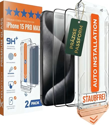 XeloTech Premium-Schutzglas für iPhone 15 Pro Max - Aus Panzerglas - TOP Bruchsicherheit Folie - Automatische Ausrichtung mit neuer Antistaub-Schablone, 2 Gläser - Extra Hart härter als 9H+