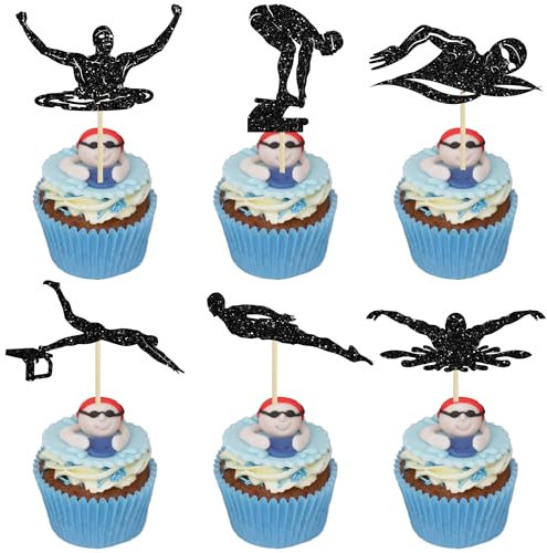 Ephlyn 24Pcs Swim Cupcake Toppers Swimming Team Diving Cupcake Picks Swimming Cake Decorations for Summer Beach Pool Party Birthday Baby Shower Supplies Black