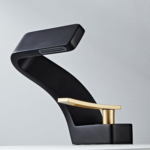 Wasserhahn Bad für Waschbecken Mischbatterie Waschtisch Wasserfall Einhebel Spültisch Schwarz + Matt Gold Armatur für Waschbecken Badezimmer Badarmatur Waschbeckenarmatur