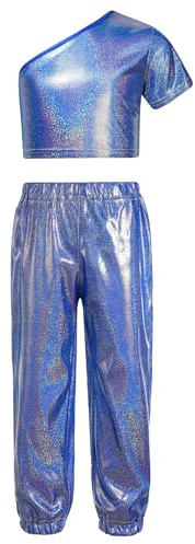 Miaeowve Hip Hop Outfit Mädchen Tanzen Kinder Metallic Glitzer Tshirt Ein Schulter Oberteil Kurz Tanz Top High Waist Tanzhose Locker Leggings Tanzkleidung Set Blau 146-152