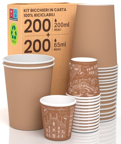 Kit 200 Bicchieri in Carta Avana 200ml da Asporto Bevande Calde e Fredde + 200 Bicchierini in Carta Fantasia Italy Brown 65ml per Caffè Eco Mix 2 Ecologici Biodegradabili Monouso