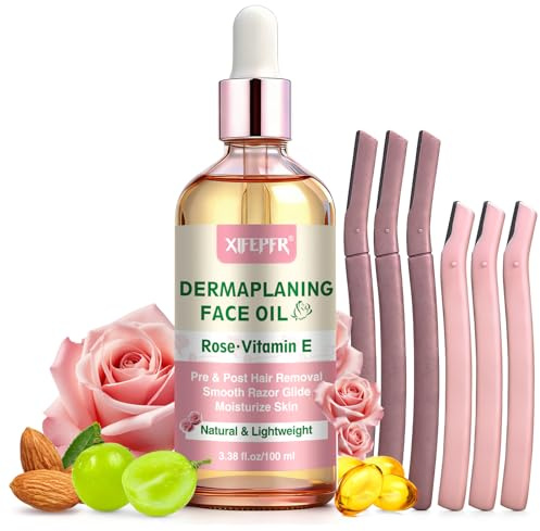 XIFEPFR Kit de dermaplaning visage, huile au rosier et à l'acide vitamine E, huile de rasage avec outils de dermaplanification pour femmes, rasoir visage, adoucit la zone avant et après le rasage