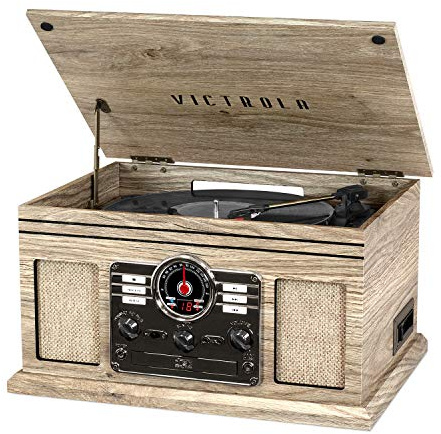 Victrola The Quincy – Giradischi Bluetooth 6-in-1 con Altoparlanti Integrati, Lettore CD e Cassette, Radio AM/FM, Streaming Musicale Wireless e 3 Velocità (Farmhouse Oatmeal/Effetto Legno Chiaro)