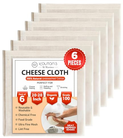 Raajsee Cheese Cloths 6 pcs Hemmed 20x20 inch Reusable 100% Unbleached Organic Cheesecloth for Straining Craft, Grade 100 Ultra Fine Muslin Cloth For Turkey Baking Juicing Brewing Yogurt Strainer