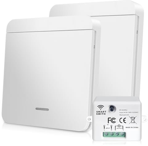 GOEDCH Funklichtschalter Funkschalter Licht Set: Funkschalter ohne Batterie, Funkschalter mit Empfänger Batterieloser, Funk-Lichtschalter 10A, Bis 50m Reichweite, Keine Verkabelung Erforderlich