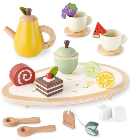 PairPear Juego de fiesta de té de madera para niños, accesorios de cocina de madera para juegos de rol, regalo para niños pequeños, niños y niñas