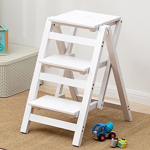 Escabeau pour Adultes/escabeau/Chaise de comptoir, Tabouret Multifonctionnel Pliable en Bois Massif à 2/3/4 marches, Tabouret escabeau ménager Multicolore pour Bureau (Blanc 3 marches)