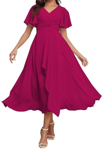 HPPEE Vestido de gasa para dama de honor con mangas plisadas, vestido de noche formal para fiesta de noche, fucsia, 60 Grande