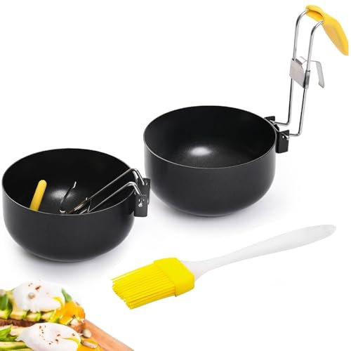 3-Piece Poached Egg Moulds, Stainless Steel Non-Stick Egg Poacher Pan with Collapsible Hang Ear Design, Poached Egg Maker Kit Includes 2 Pcs Egg Cooker and 1 Oil Brush