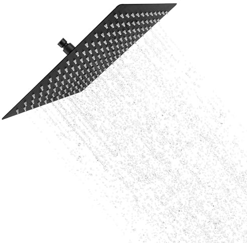 YKUKIZEE 10 inch Black Square Rainfall Shower Head, 25 cm Fixed Rain Shower Head 304 Stainless Steel, Large Waterfall Shower Heads Overhead High Pressure for Bathroom Ceiling