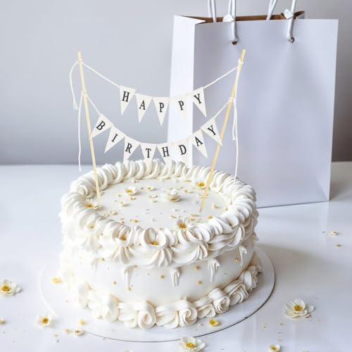 Geburtstagsdeko Kuchen Banner, Tortendeko Geburtstag, Happy Birthday Girlande, Rustic Happy Birthday Deko, Vintage Cake Topper Girlande Wimpelkette mit Holzstäbchen für Geburtstagsfeier Dekoration