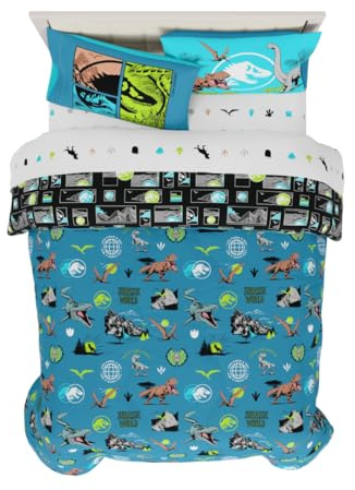 Franco Jurassic World - Juego de edredón y sábanas Reversibles de Microfibra con Funda de Almohada, 7 Piezas, tamaño matrimonial (Producto con Licencia Oficial)