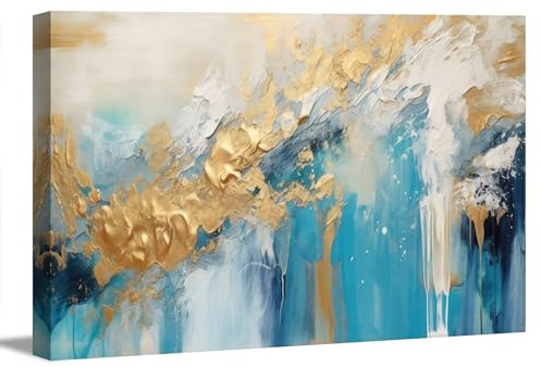 Visario Leinwandbild gerahmt 120x80 cm 5061 Abstrakte blau goldene Malerei - Wandbild XXL Kunstdruck auf Leinwand Panorama Bild fertig aufgespannt auf Holzrahmen - Moderne Wanddeko Wohnzimmer