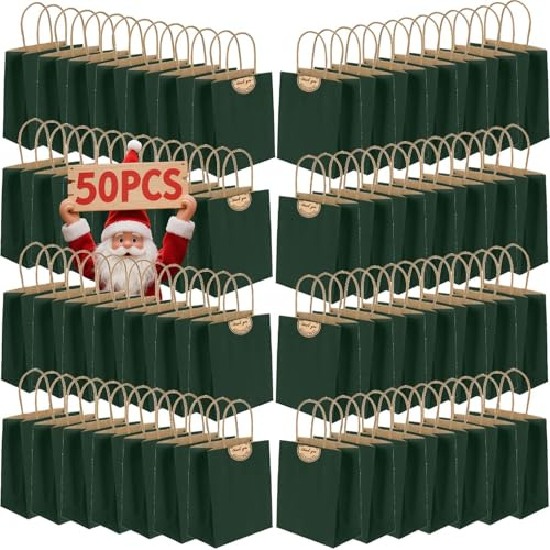 50 st små papperspåsar med handtag, papper presentpåsar a5-storlek, 130 GMS tjocka kraftpåsar party favorit shopping inkluderar etiketter för favorit födelsedag fest bröllop shopping shopping