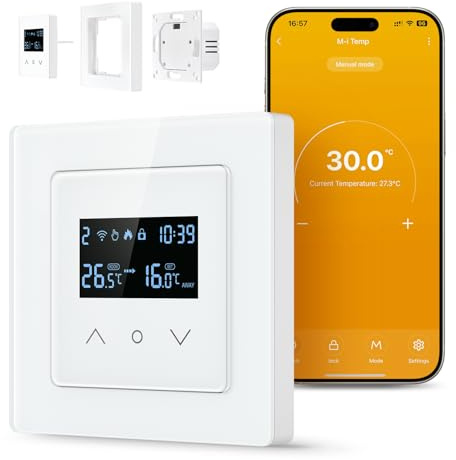 Samrt WiFi Themrmostat für Wasser-Fußbodenheizung, 55 x 55mm Standard, Glasfläche, Programmierbar Raumthermostat Unterstützen Alexa, Google Home Sprachsteuerung und Smart Life App Fernbedienung