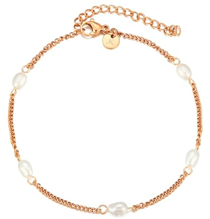 Kim Johanson® Edelstahl Damen Fußkettchen *Pearl* in Silber, Gold & Roségold | Fußkette mit echten Perlen | Wasserfest | Boho Schmuck für Frauen | Verstellbare Länge | Multi Layer Kette