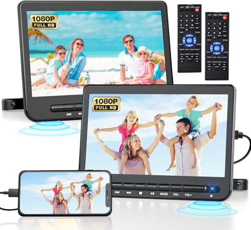 10.5 Dual Headrest DVD Player for Kids, DVD Player for Car with HDMI Input, Car DVD Player Dual Screen AV Out, Portable DVD Player Support USB/CD/DVD, Mounting Brackets and Straps