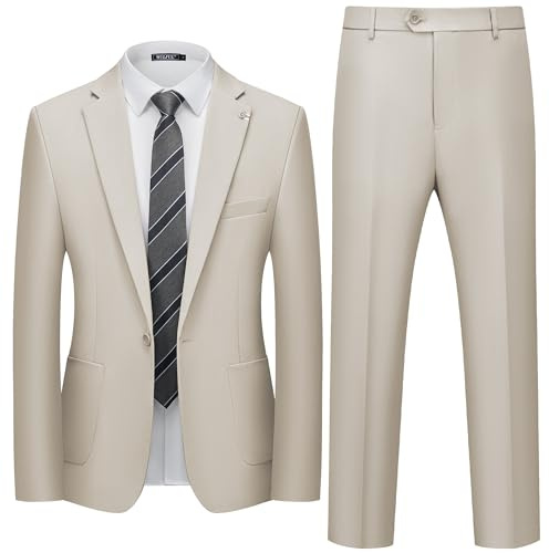 WULFUL Men's 2 Piece Slim Fit Suit Set One Button Blazer Jacket Pants Set Champagne