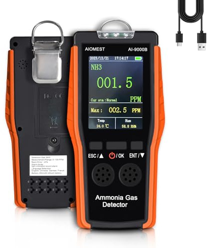 Detector de Amoníaco Portátil Medidor NH3 Aire, AIOMEST Sensor de Amoniaco Gas NH3 0-100 con Resolución 0.1ppm, Registro de Datos, Alarma, para Establos Granjas Agrícolas y Monitoreo de Industrial