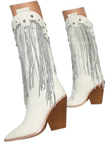 Xbemkste västerländska stövlar fransar kvinnor knähöga cowboystövlar med hög klack medelhöga damstövlar glitter fransstövlar vinterstövlar för fest konsert domrätt, Vit, 40.5 EU